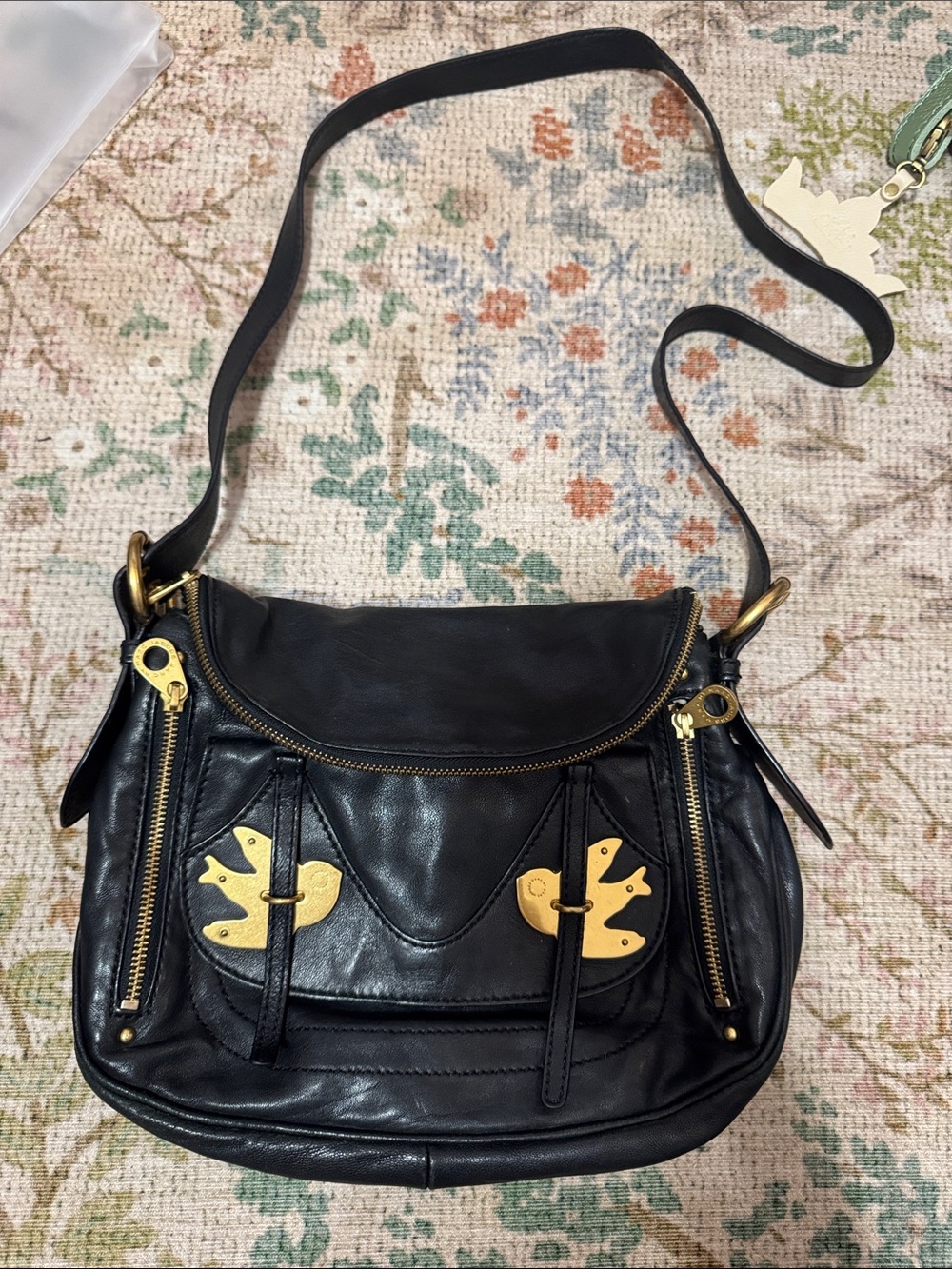 Vintage Marc Jacobs Black Leather Crossbody Bag with Gold Swallow Accent Details